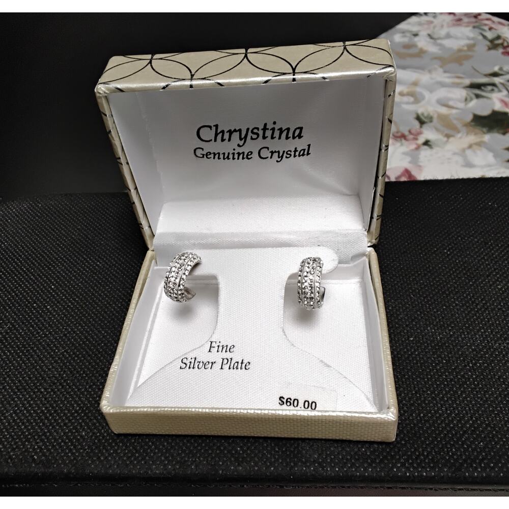 Christina Genuine Crystal Pierced Earring Fine Silver Plate  Retail $60.00